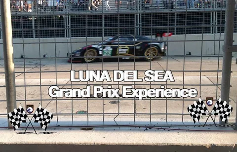 Dark race car passing a grandstand.